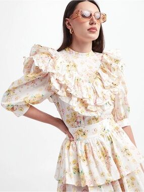 Custommade Organic Cotton Floral Ruffle Blouse Pink Pastel Yellow Cream Coquette